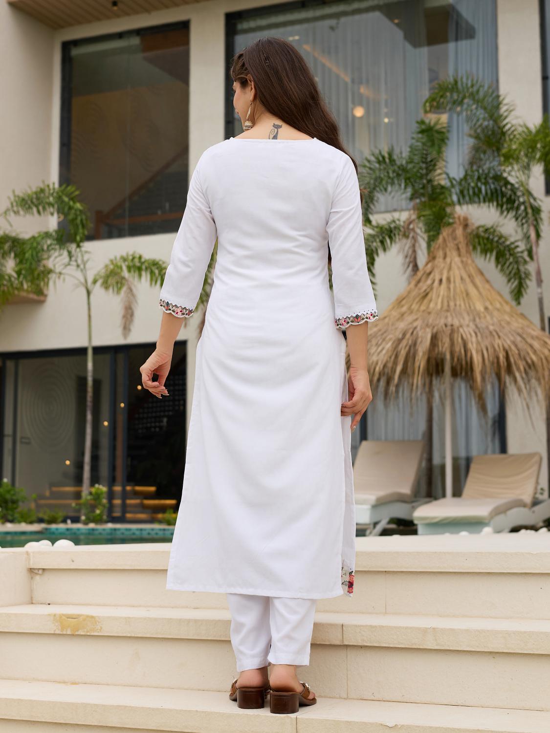 The52 Thread work on Viscose Fabric Straight Kurta, Pant and Dupatta Set | Grocsy