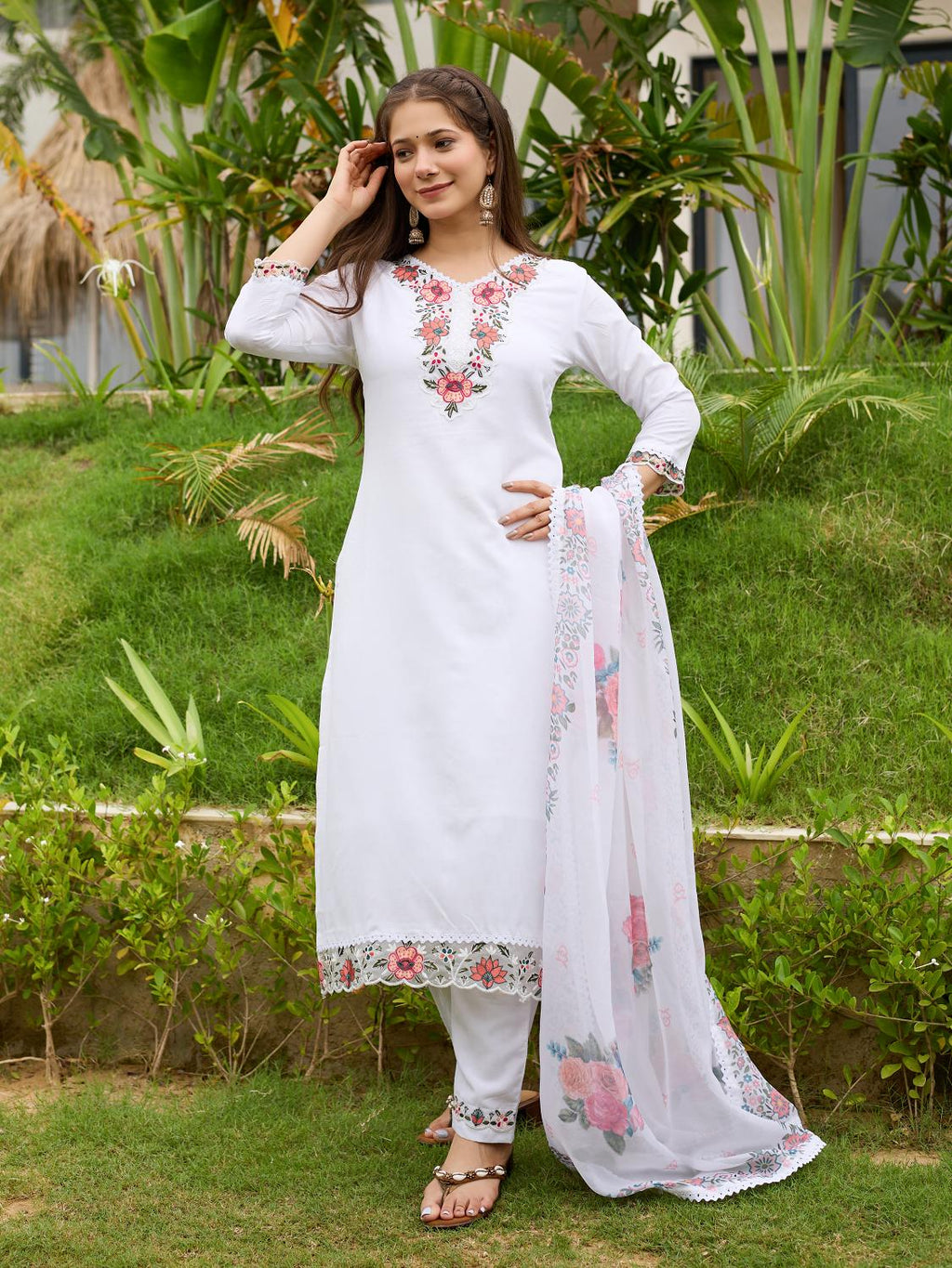 The52 Thread work on Viscose Fabric Straight Kurta, Pant and Dupatta Set | Grocsy