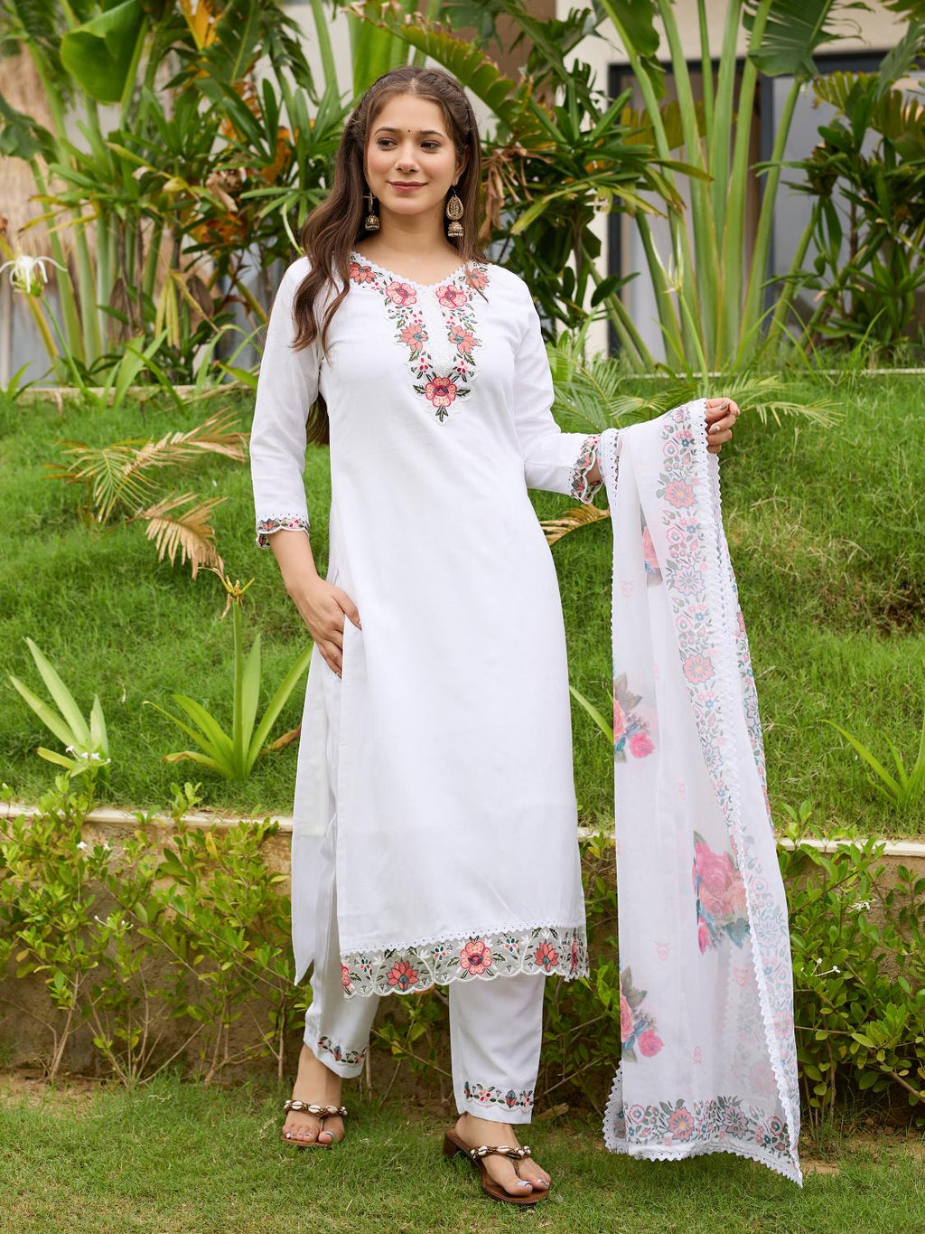 The52 Thread work on Viscose Fabric Straight Kurta, Pant and Dupatta Set | Grocsy
