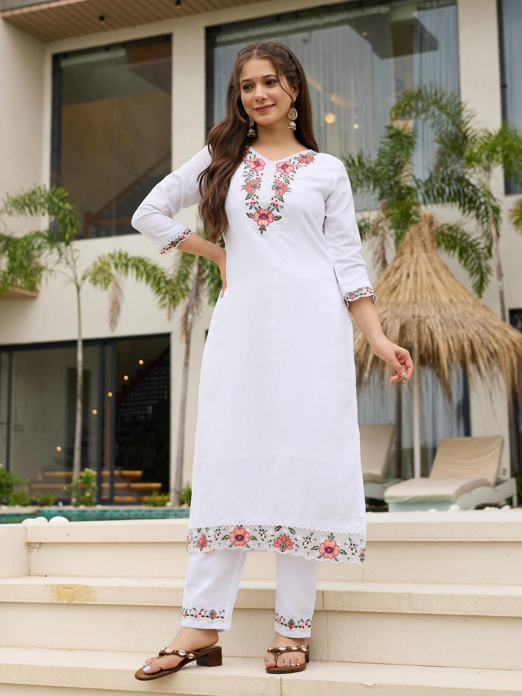 The52 Thread work on Viscose Fabric Straight Kurta, Pant and Dupatta Set | Grocsy