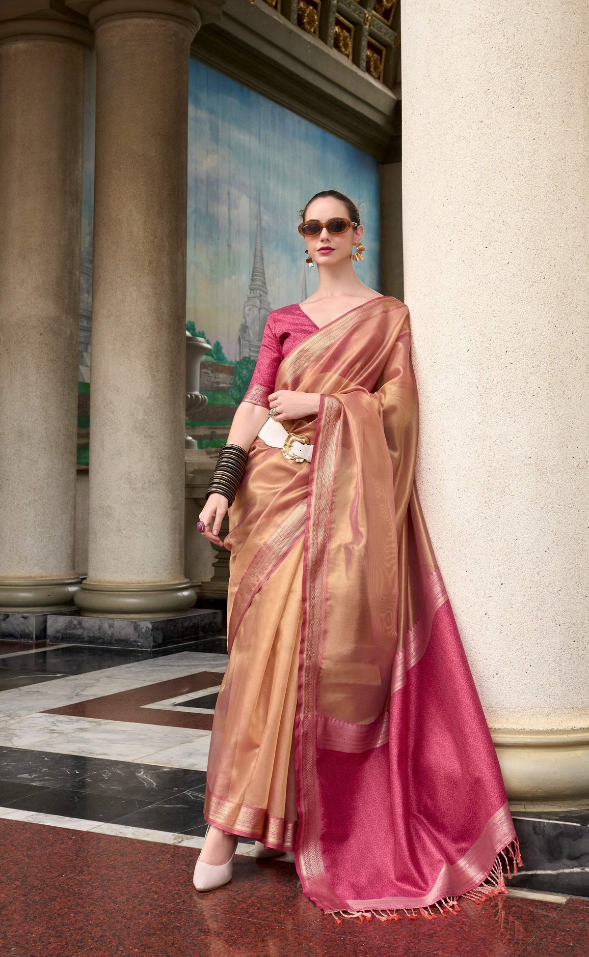 Anaita Pink Designer Weaving Pure Tissue Saree With Blouse | Grocsy