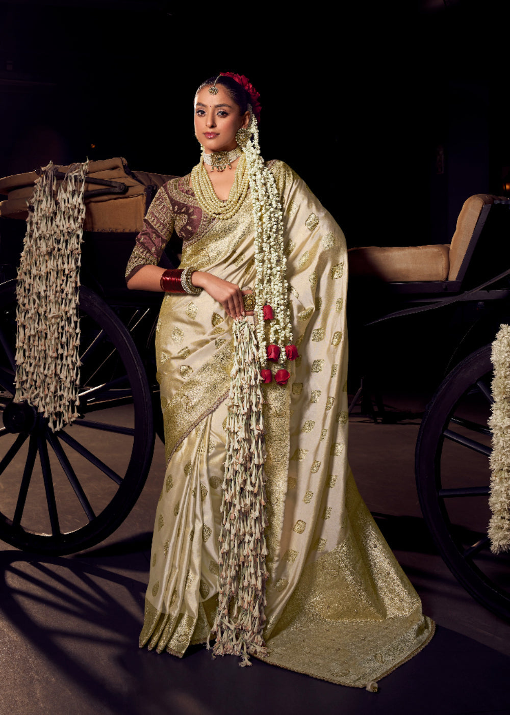 Anaita Beige Viscose Tissue Has Worked Pallu Saree With Embroidered Blouse Piece | Grocsy