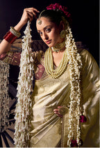 Anaita Beige Viscose Tissue Has Worked Pallu Saree With Embroidered Blouse Piece | Grocsy