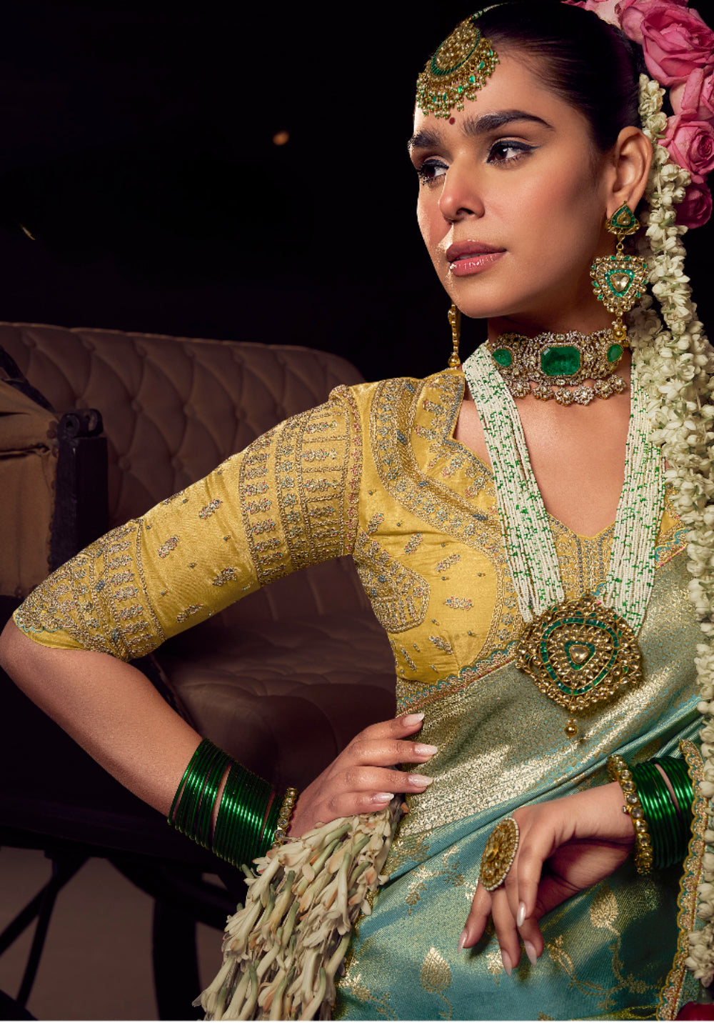 Anaita Sea Green Viscose Tissue Has Worked Pallu Saree With Embroidered Blouse Piece | Grocsy