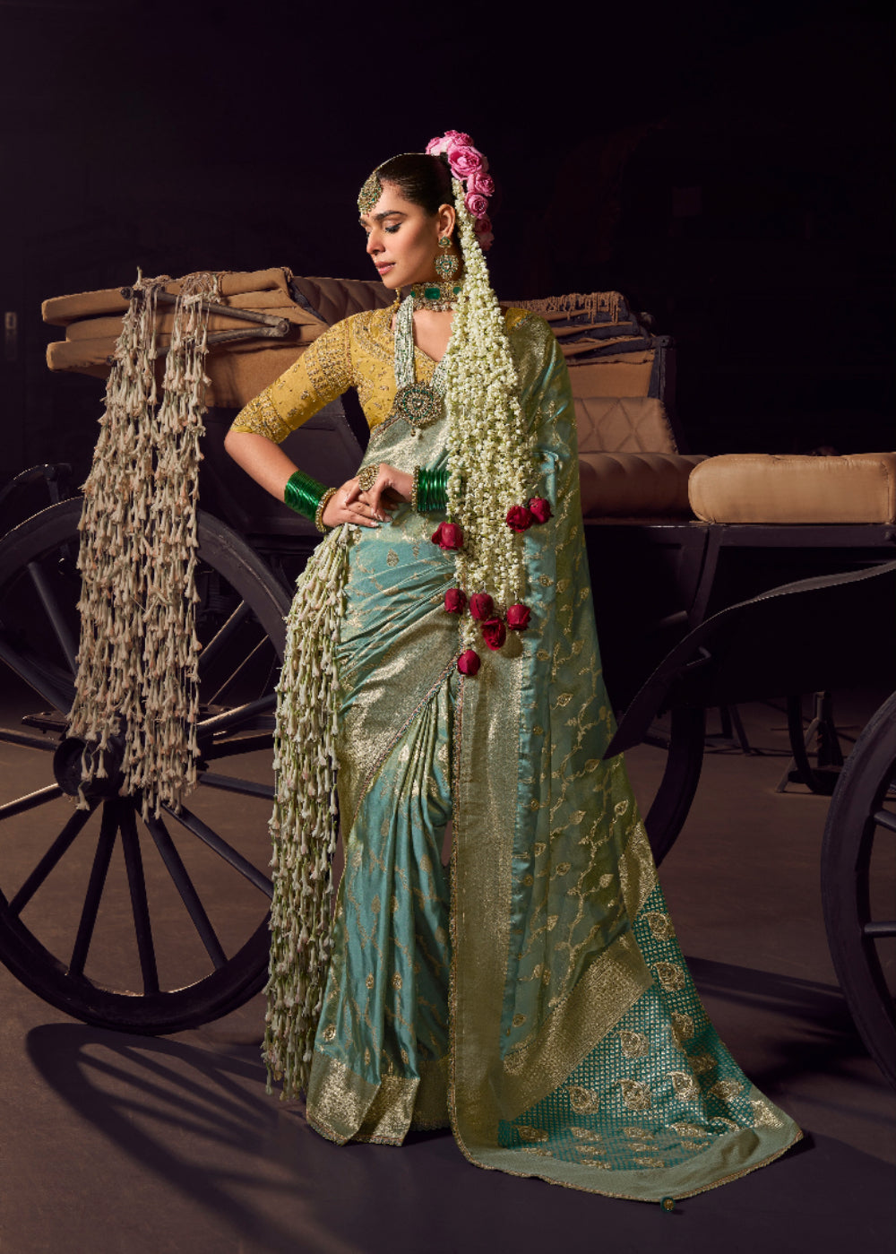 Anaita Sea Green Viscose Tissue Has Worked Pallu Saree With Embroidered Blouse Piece | Grocsy