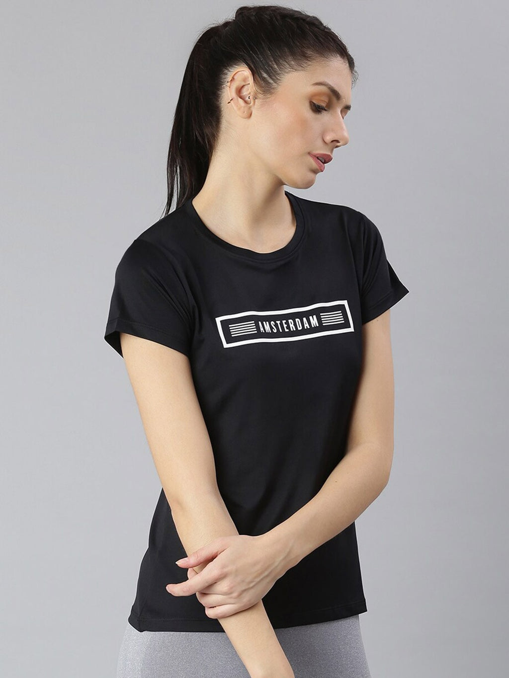 MKH Women Black Typography Printed Round Neck Dri-FIT T-shirt | Grocsy