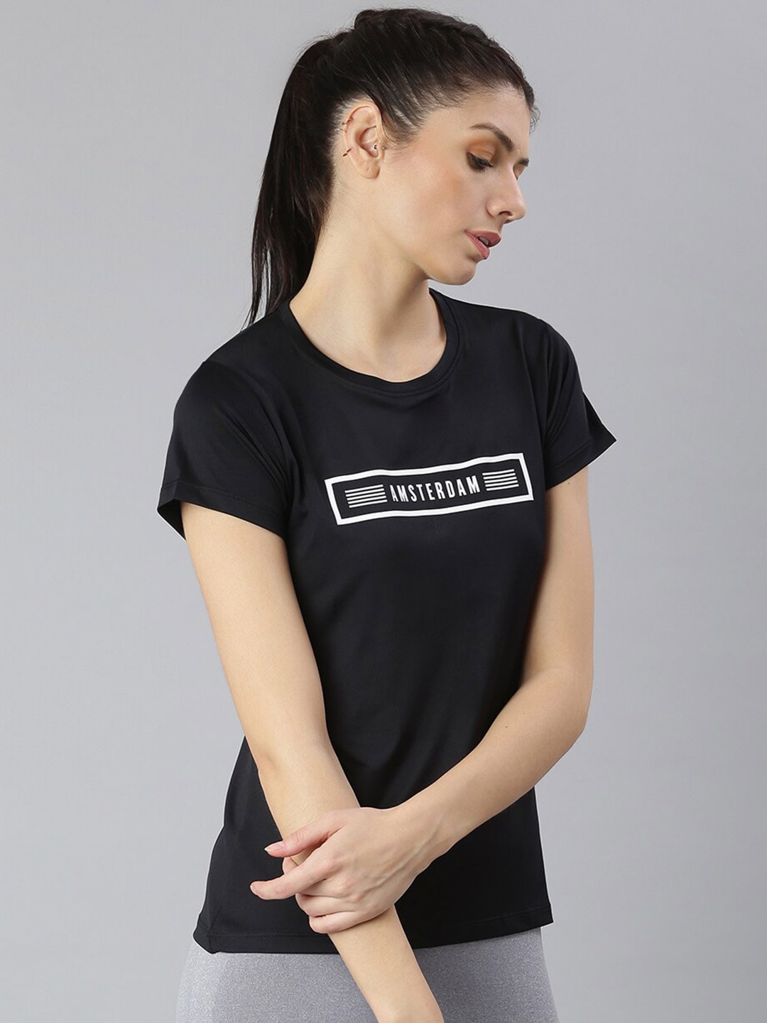 MKH Women Black Typography Printed Round Neck Dri-FIT T-shirt | Grocsy