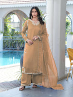 Nikhaar Light Brown Embroidered Modal Silk Stitched Straight Cut Kurta Culottes Dupatta Readymade Suit | Grocsy