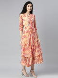 Souchii Peach-Coloured Floral Layered Chiffon Beautiful A-Line Midi Dress | Grocsy