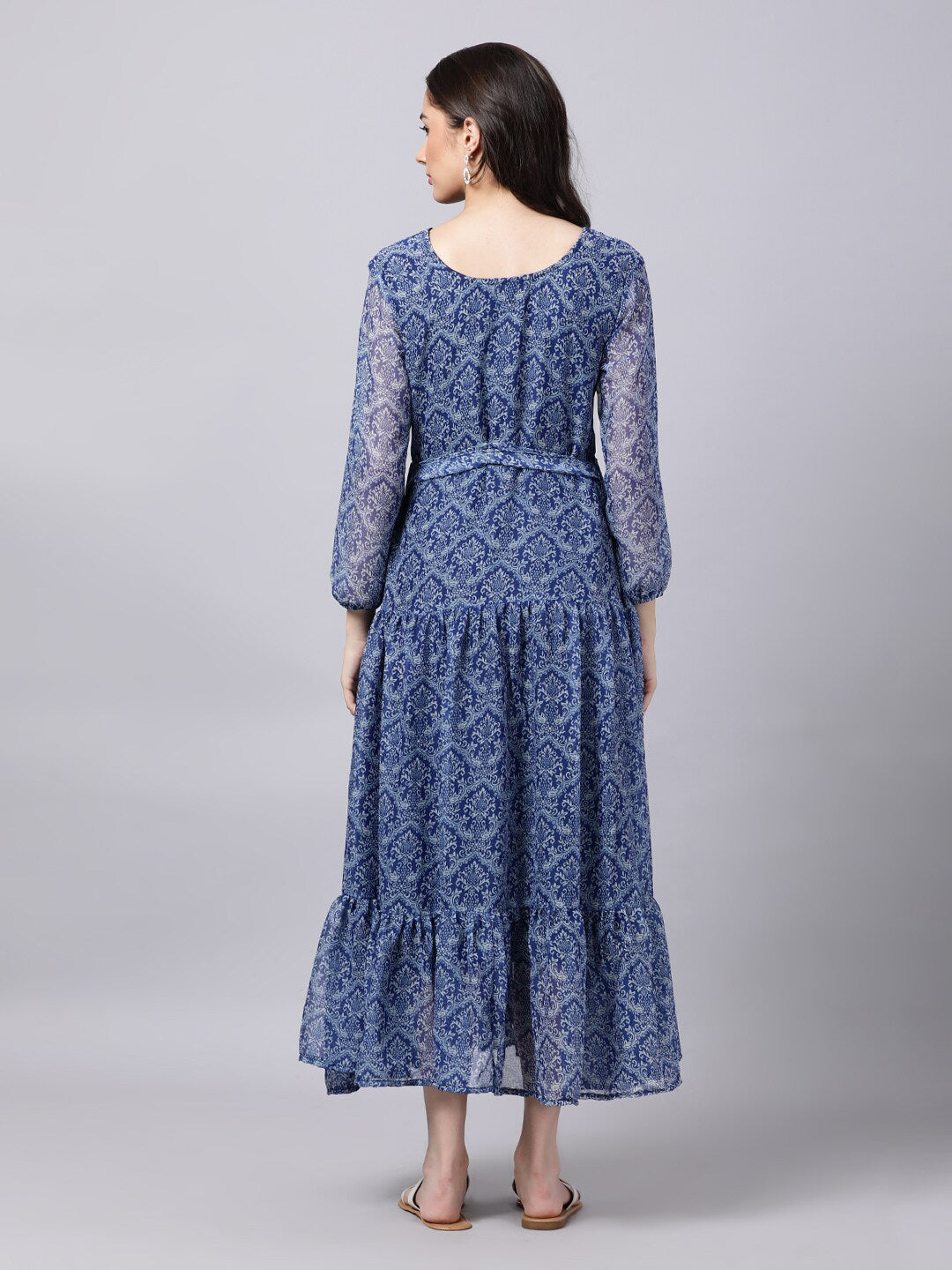 Souchii Blue Ethnic Motifs Printed Chiffon Maxi Tiered Dress | Grocsy
