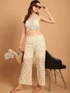 TAG 7 Women Geometric Self Design Sheer With Half Lining Crochet Wide Leg Palazzos | Grocsy