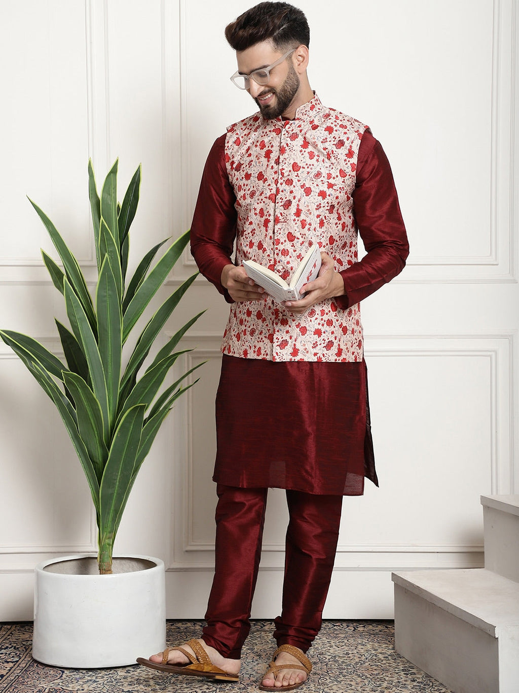 Sojanya Men Maroon & Beige Self Design Kurta with Churidar & Nehru Jacket | Grocsy