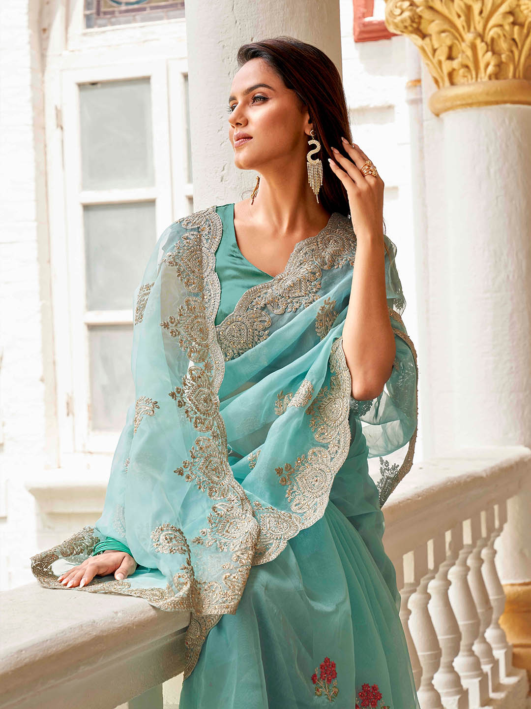 Tikhi Imli Ethnic Motifs Embroidery Organza Heavy Work Saree | Grocsy