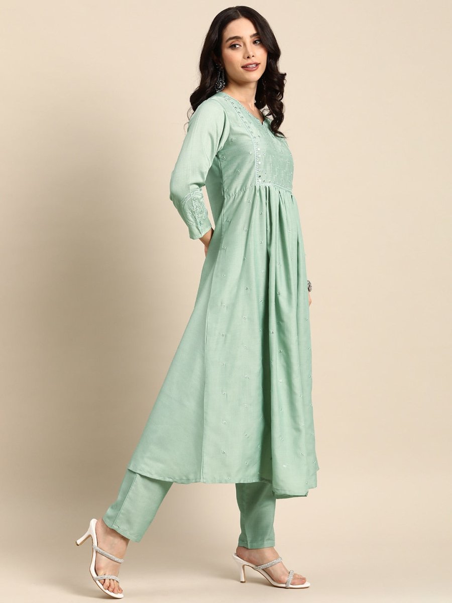 All About You Ethnic Motifs Embroidered Mirror Work Kurta With Trousers | Grocsy