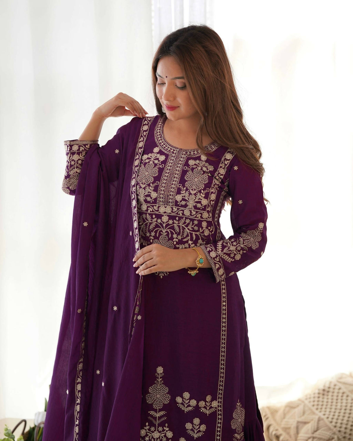 Teeya Creation Purple Color Chinon Silk Embroidery Work Wedding Wear Palazzo Set | Grocsy