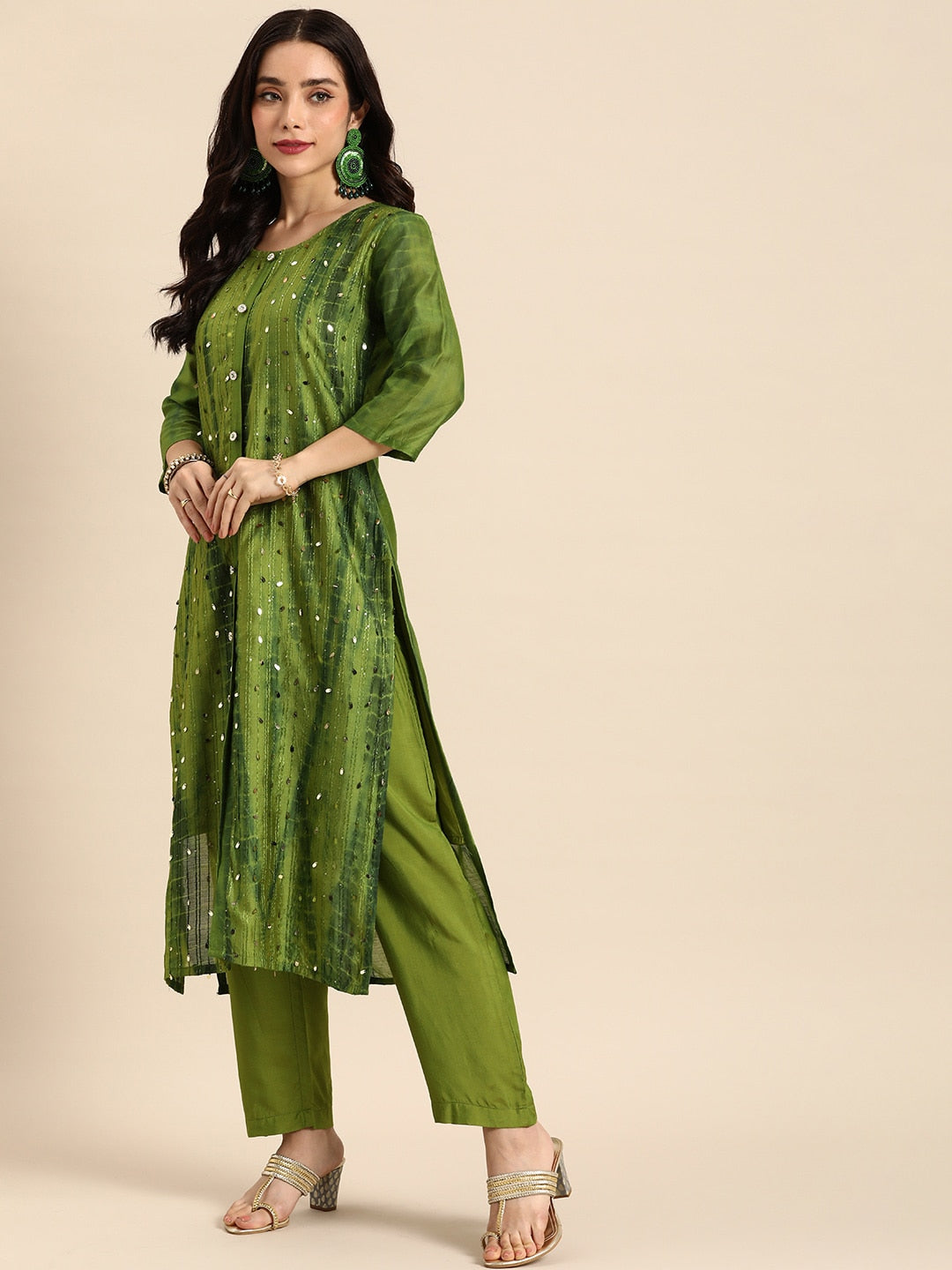Sangria Women Dyed Regular Sequinned Kurta with Trousers | Grocsy