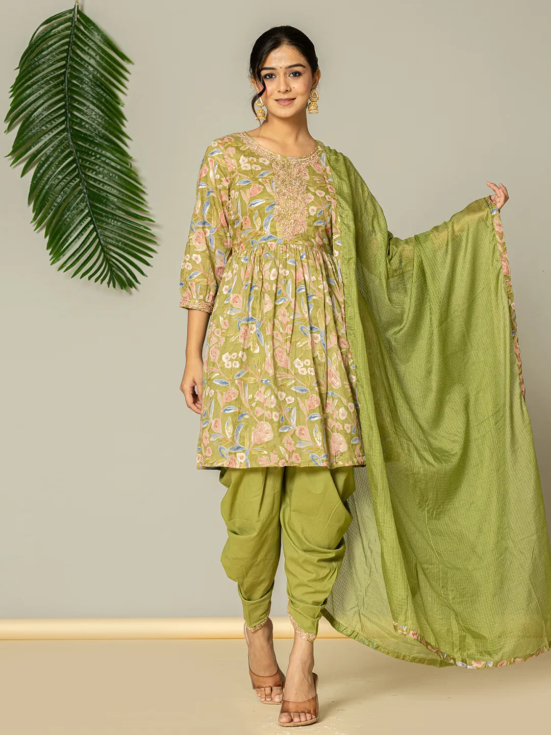 Yufta Green Peplum Dhoti Dupatta Set | Grocsy