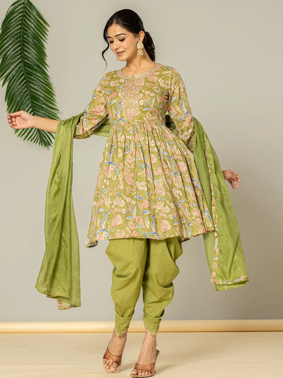Yufta Green Peplum Dhoti Dupatta Set | Grocsy
