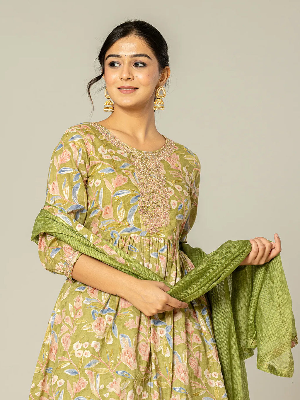 Yufta Green Peplum Dhoti Dupatta Set | Grocsy