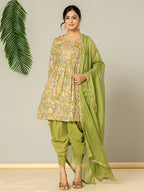 Yufta Green Peplum Dhoti Dupatta Set | Grocsy