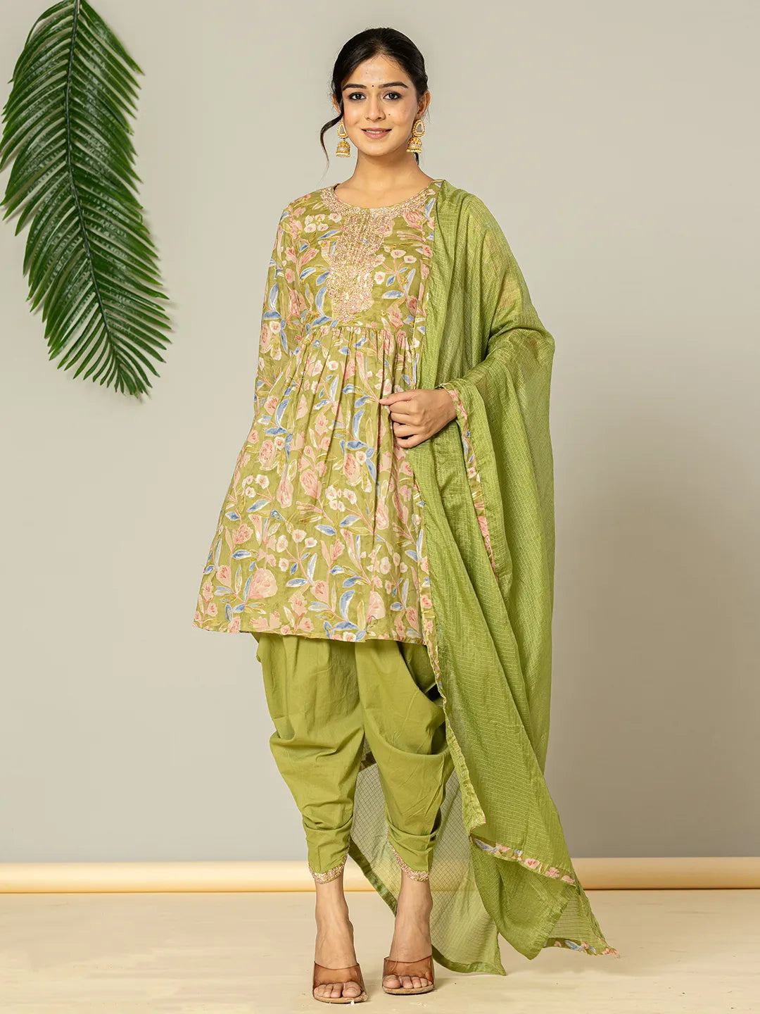 Yufta Green Peplum Dhoti Dupatta Set | Grocsy