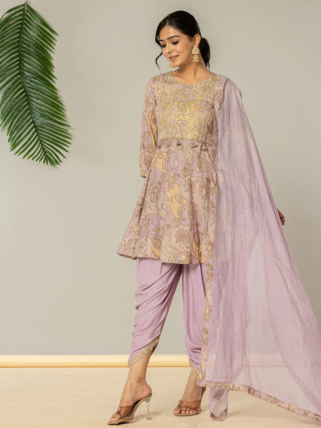 Yufta Purple Cotton Peplum Dhoti Dupatta Set | Grocsy