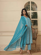 Yufta Blue Ethnic Motifs Cotton Anarkali Aliya Cut Kurta Dupatta Set | Grocsy
