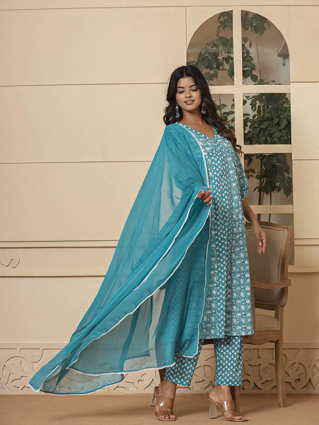 Yufta Blue Ethnic Motifs Cotton Anarkali Aliya Cut Kurta Dupatta Set | Grocsy