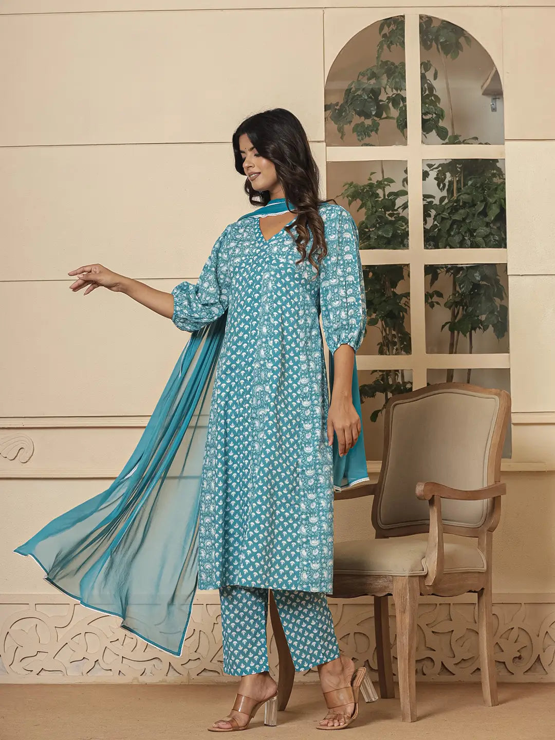 Yufta Blue Ethnic Motifs Cotton Anarkali Aliya Cut Kurta Dupatta Set | Grocsy