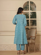 Yufta Blue Ethnic Motifs Cotton Anarkali Aliya Cut Kurta Dupatta Set | Grocsy