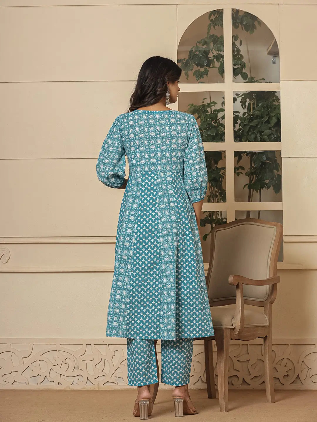 Yufta Blue Ethnic Motifs Cotton Anarkali Aliya Cut Kurta Dupatta Set | Grocsy