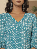 Yufta Blue Ethnic Motifs Cotton Anarkali Aliya Cut Kurta Dupatta Set | Grocsy
