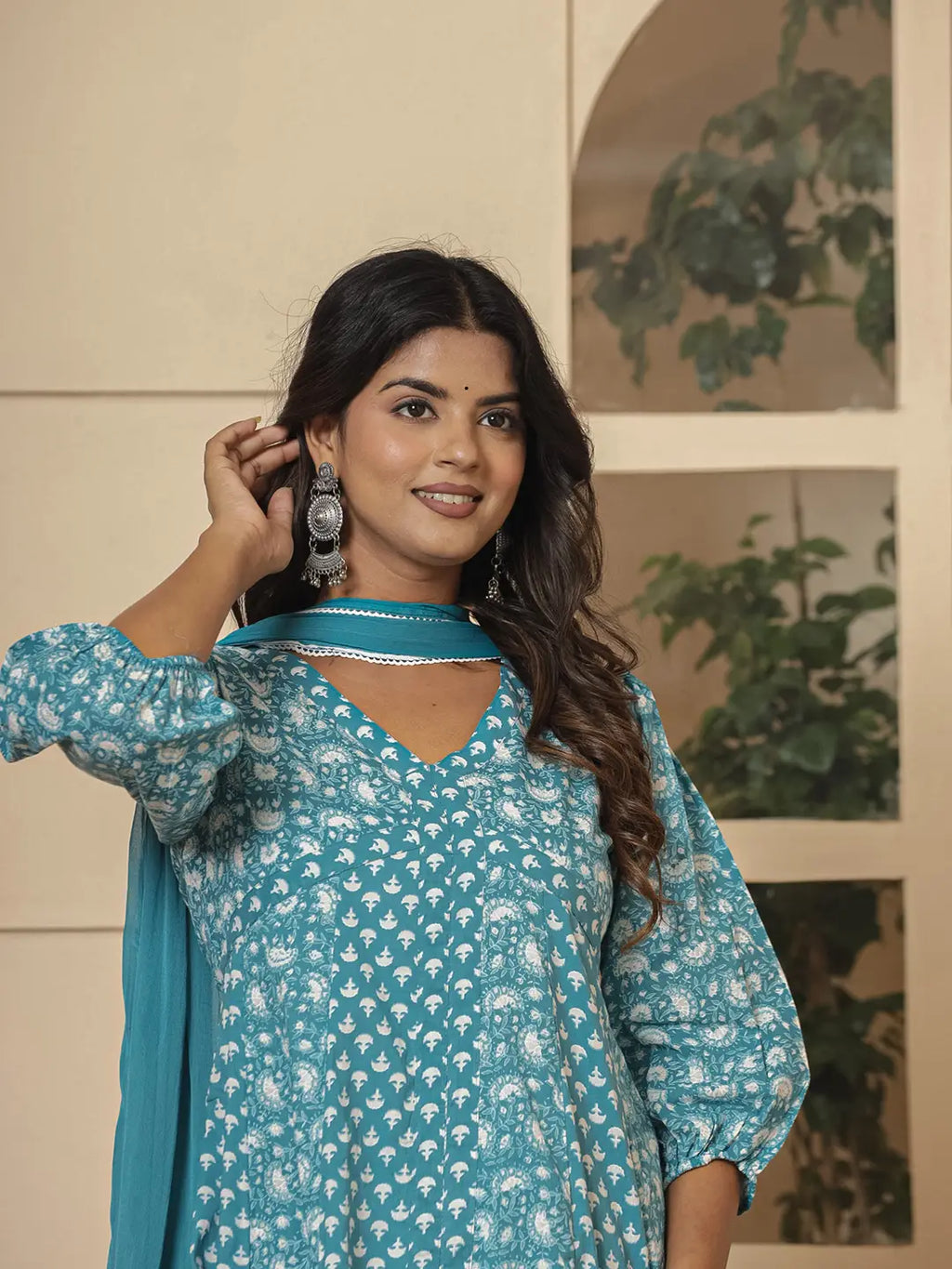Yufta Blue Ethnic Motifs Cotton Anarkali Aliya Cut Kurta Dupatta Set | Grocsy