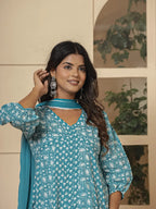 Yufta Blue Ethnic Motifs Cotton Anarkali Aliya Cut Kurta Dupatta Set | Grocsy