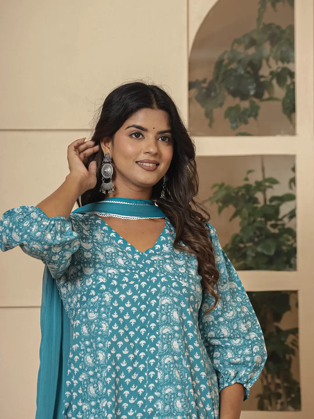 Yufta Blue Ethnic Motifs Cotton Anarkali Aliya Cut Kurta Dupatta Set | Grocsy