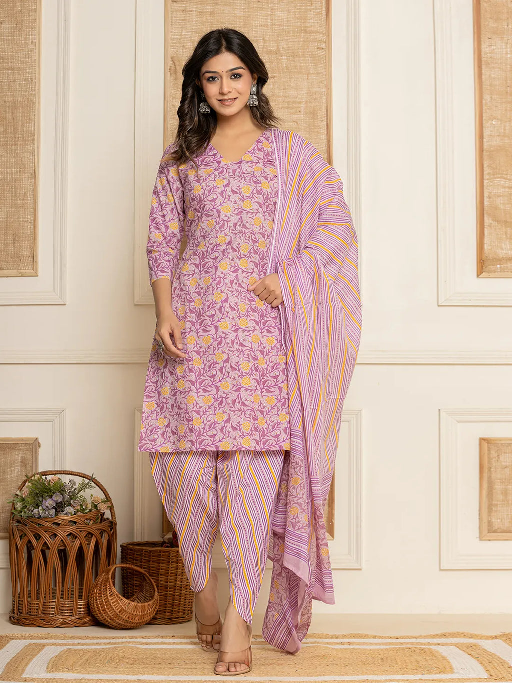 Yufta Lavender Floral Print Cotton Straight Style Kurta And Dhoti Pants With Dupatta Set | Grocsy