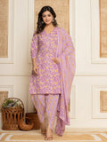 Yufta Lavender Floral Print Cotton Straight Style Kurta And Dhoti Pants With Dupatta Set | Grocsy