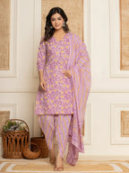 Yufta Lavender Floral Print Cotton Straight Style Kurta And Dhoti Pants With Dupatta Set | Grocsy