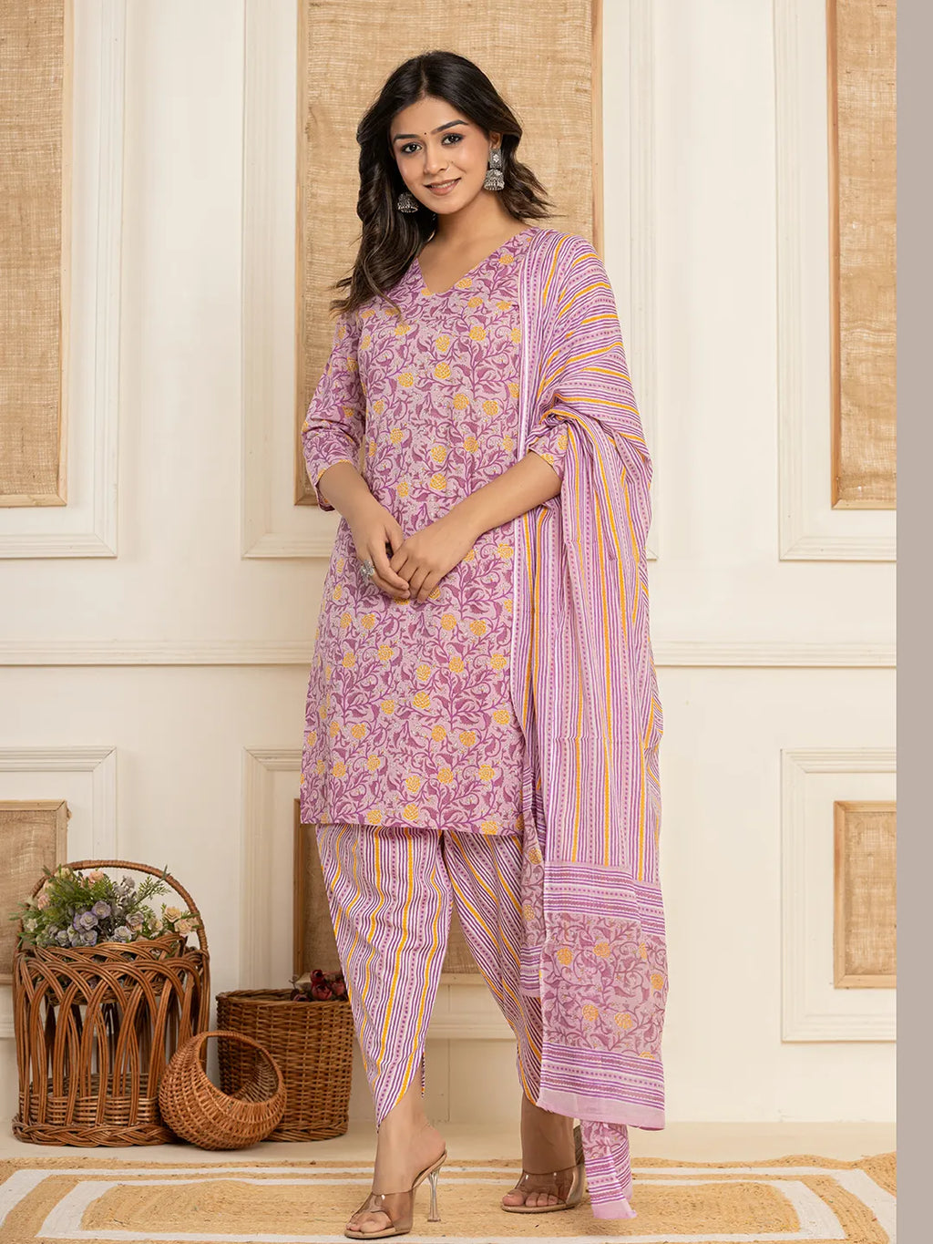 Yufta Lavender Floral Print Cotton Straight Style Kurta And Dhoti Pants With Dupatta Set | Grocsy