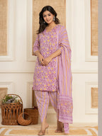 Yufta Lavender Floral Print Cotton Straight Style Kurta And Dhoti Pants With Dupatta Set | Grocsy