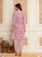 Yufta Lavender Floral Print Cotton Straight Style Kurta And Dhoti Pants With Dupatta Set | Grocsy
