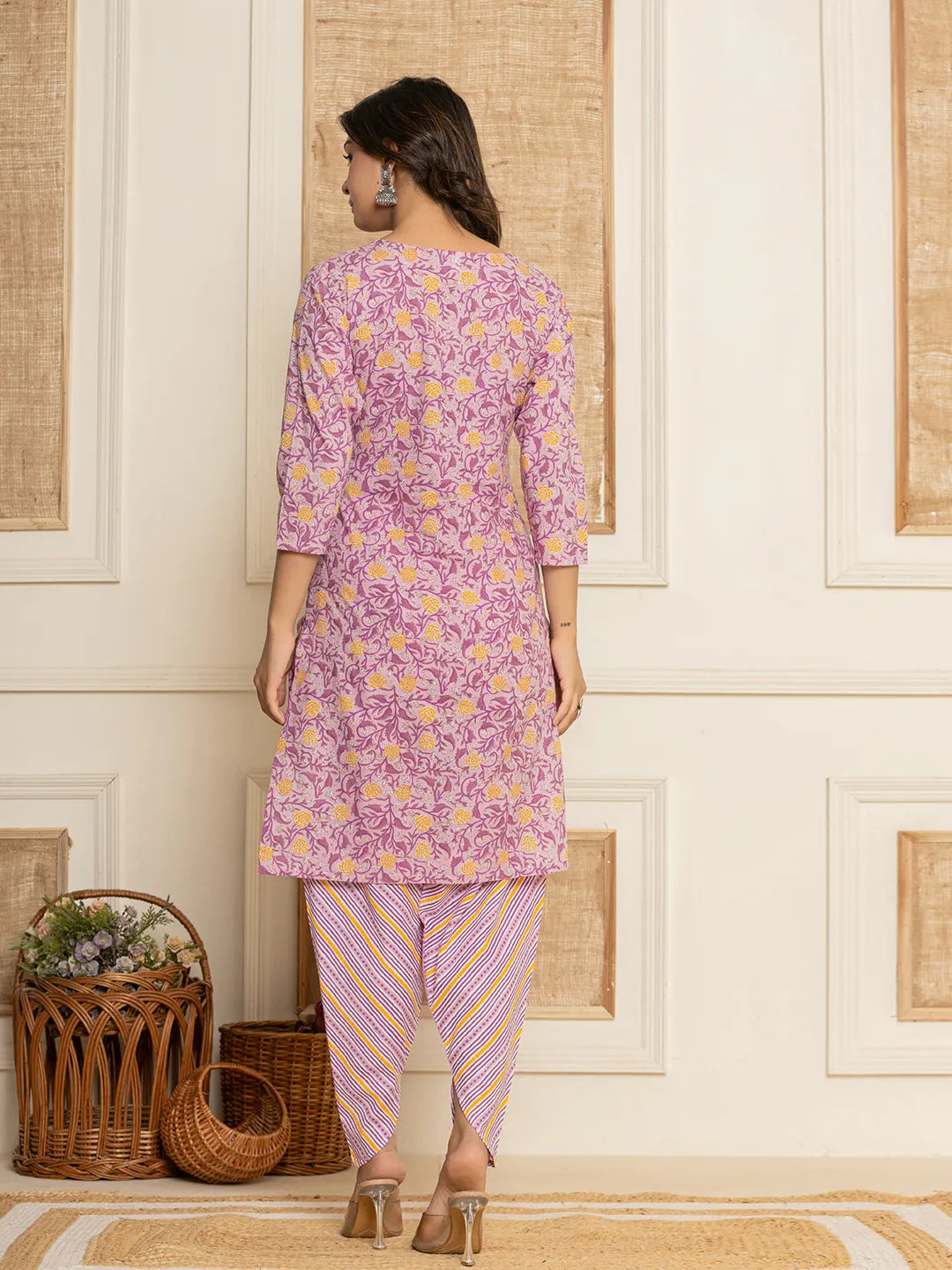 Yufta Lavender Floral Print Cotton Straight Style Kurta And Dhoti Pants With Dupatta Set | Grocsy