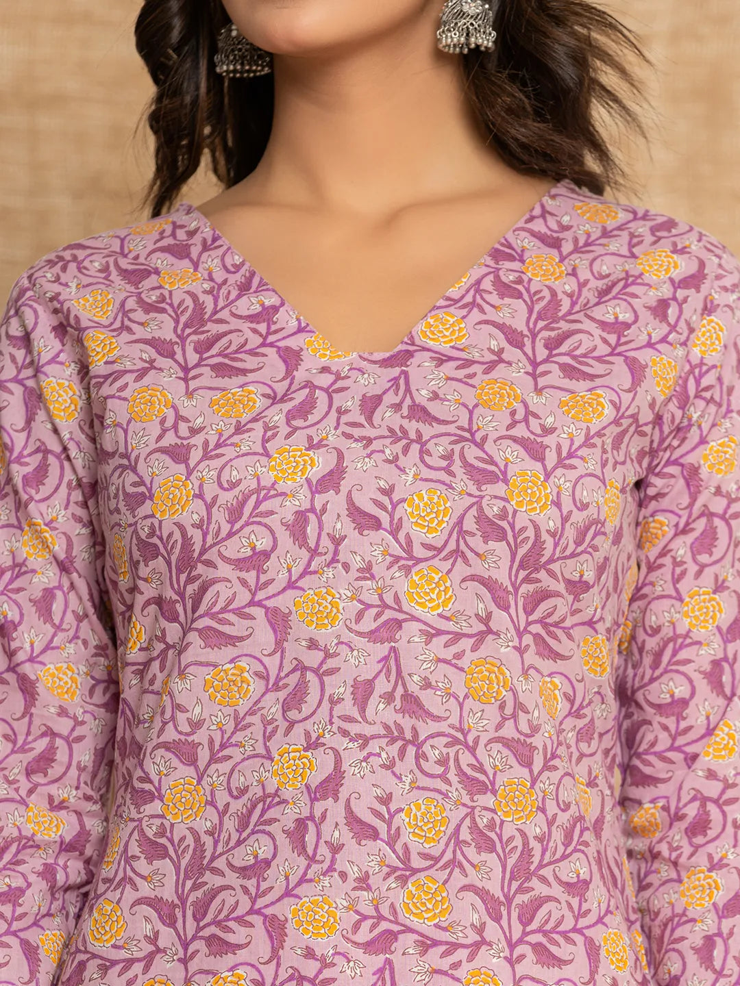 Yufta Lavender Floral Print Cotton Straight Style Kurta And Dhoti Pants With Dupatta Set | Grocsy