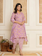 Yufta Lavender Floral Print Cotton Straight Style Kurta And Dhoti Pants With Dupatta Set | Grocsy