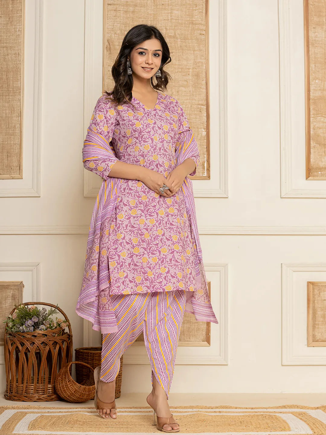 Yufta Lavender Floral Print Cotton Straight Style Kurta And Dhoti Pants With Dupatta Set | Grocsy