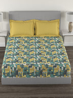 MYTRIDENT Yellow Green Printed Cotton 144 TC Queen Bedsheet With 2 Pillow Covers | Grocsy