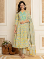 Yufta Mustard Thread_Work Cotton Anarkali Kurta And Trousers With Dupatta Set | Grocsy