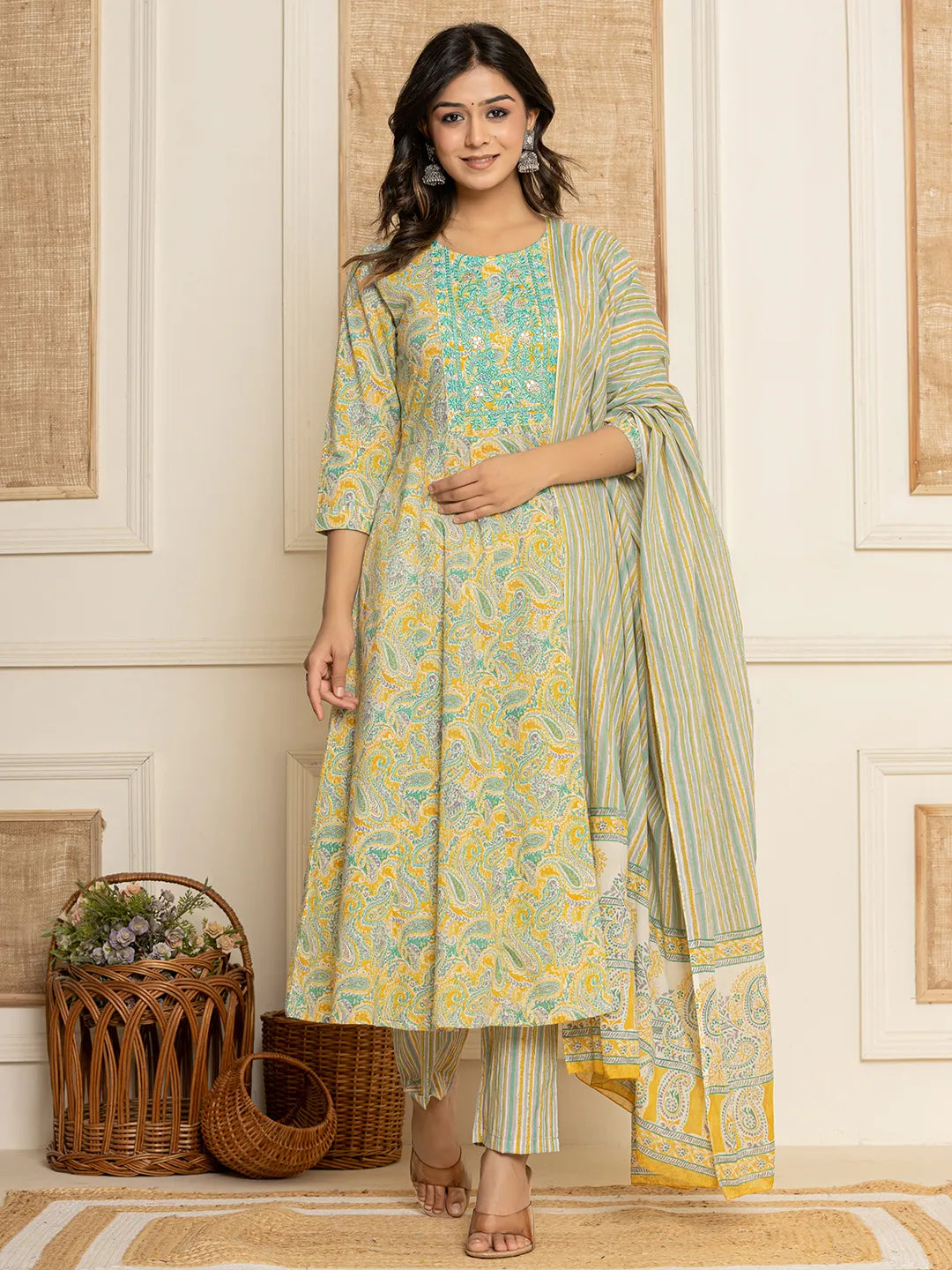 Yufta Mustard Thread_Work Cotton Anarkali Kurta And Trousers With Dupatta Set | Grocsy