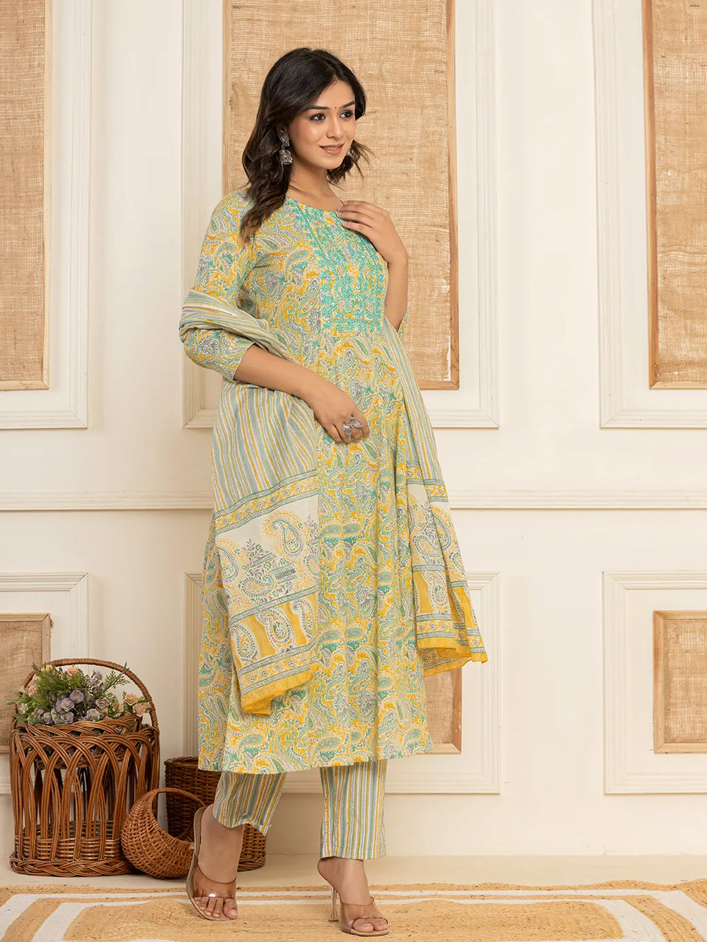 Yufta Mustard Thread_Work Cotton Anarkali Kurta And Trousers With Dupatta Set | Grocsy