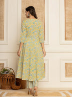 Yufta Mustard Thread_Work Cotton Anarkali Kurta And Trousers With Dupatta Set | Grocsy